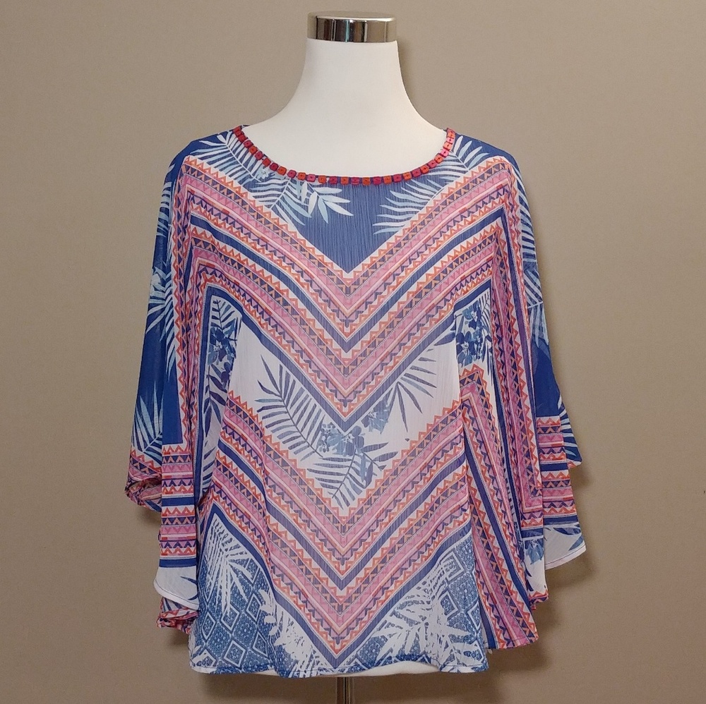 $5 Ruby Rd. Sheer Pink Blue Palm Blouse